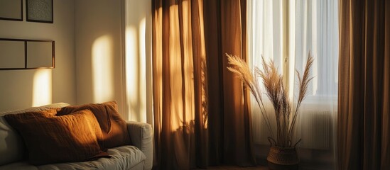 Fototapete - Warm and inviting two-sided room with soft white walls, rich brown curtains, and gentle sunlight highlighting a cozy corner with decorative plants