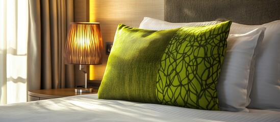 Fototapete - Modern bedroom decor showcasing a green accent pillow and elegant wooden lamp on bedside table perfect for interior design ideas