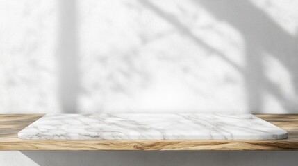 Fototapete - Elegant White Marble Stone Tabletop on Wooden Surface for Stylish Product Display and Advertising in Minimalist Setting