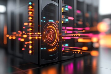 Aufkleber - A 3D-illustrated IT environment with vibrant server racks, glowing data streams, and futuristic control panels