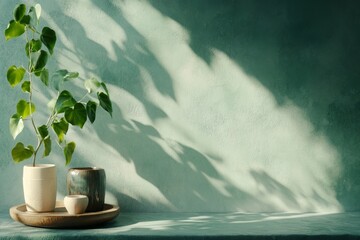 Poster - A 3D-rendered ivy wall with leaves casting dynamic shadows in a soft, glowing light
