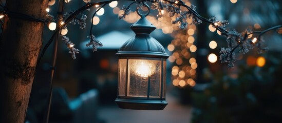 Aufkleber - Winter Lantern Decoration with Silver Lights in a Blurred Evening Background Creating a Cozy and Festive Atmosphere