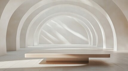 Fototapete - Minimalist Wooden Table in Modern Amphitheater Setting Ideal for Product Display with Soft Natural Light and Stylish Architectural Background