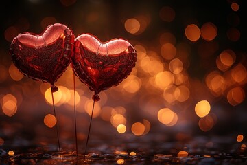 Poster - design featuring a red heart air balloon background with glitter bokeh shapes along ribbons