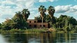 © MetaPixel - Boat tour on the Delta showcasing lush palm trees and a modern brick house on the banks of a serene river delta landscape.