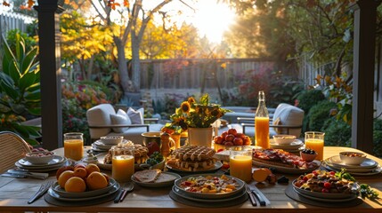 Wall Mural - Abundant autumnal breakfast feast on patio table with sunlit garden backdrop.