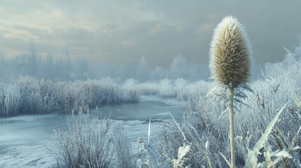 Wall Mural - Winter landscape featuring wild teasel plant in a serene natural garden setting with frosty surroundings and a tranquil water body.