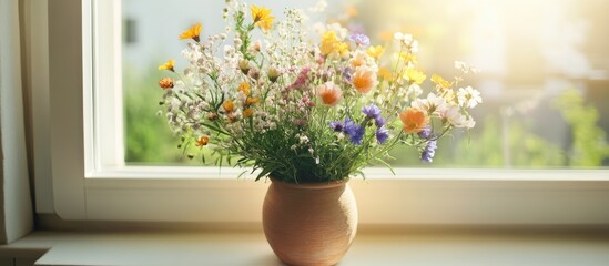 Sticker - Wildflowers in a rustic vase on a sunlit windowsill enhancing indoor decor with a natural touch and vibrant colors