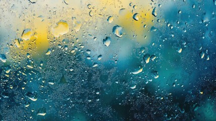 Aufkleber - Abstract background of raindrops on window glass with colorful blurred lights creating a serene and tranquil atmosphere.