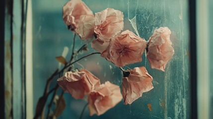 Poster - wilted pink paper flowers against a dusty window capturing a nostalgic and timeless aesthetic in soft natural light