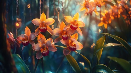 Wall Mural - exquisite wild orchids flourishing in a vibrant tropical rainforest illuminated by soft sunlight and