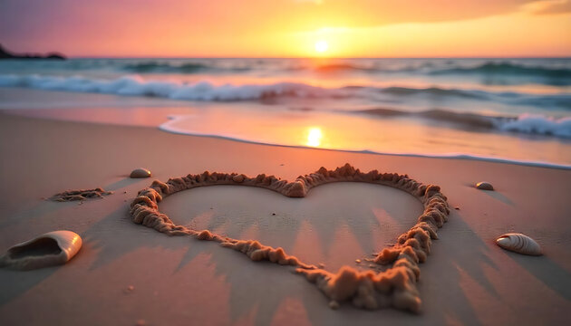 A heart shape drawn in the sand on a beach at sunset, with the ocean waves in the background, created with generative ai
