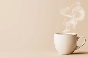 Aufkleber - A flat design of an ivory-colored coffee mug with steam rising, set against a light beige background
