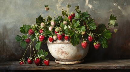 Sticker - vibrant wild strawberries cascading from a rustic pot against a textured background