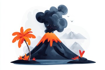 Aufkleber - A flat illustration of a volcanic island with steam rising, surrounded by deep ocean blue, set against a white background