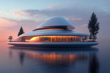 Poster - A futuristic floating island with a high-tech eco-city powered by renewable energy and surrounded by advanced marine structures