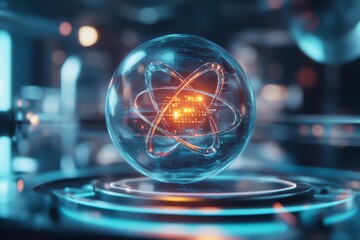 Poster - A futuristic lab with a holographic periodic table, highlighting IUPAC-approved elements in a glowing interface