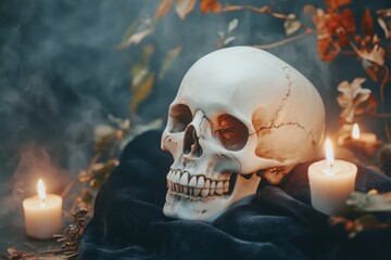Poster - A gothic depiction of an ivory skull resting on a dark velvet cloth, illuminated by candlelight in a shadowy room