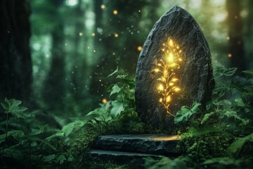 Poster - A magical ivy vine glowing with golden light, entwined around a mystical stone doorway in an enchanted forest