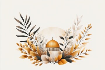 Poster - A minimalist line art design of the Dome of the Rock, with clean, golden accents on a white background