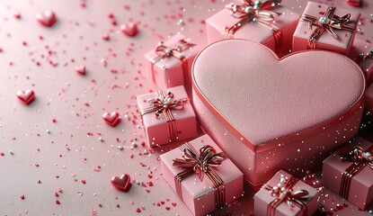 Poster - Heartfelt Valentine's Day podium decoration with a heart-shaped balloon, a gift box, and confetti, depicted in a 3D illustration