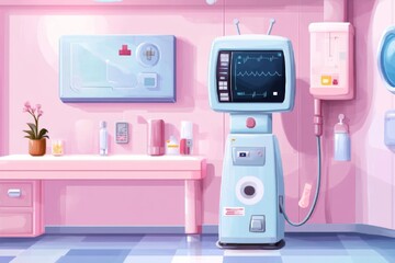 Aufkleber - A pixel art depiction of an IV stand with a simple bag and tubing in a retro hospital setting