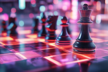 Poster - A pixel art depiction of an ivory chessboard with animated pieces glowing softly in a retro style