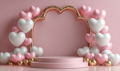 Poster - Happy Valentine's Day podium display decoration featuring a heart-shaped balloon and confetti, with a 3D rendering illustration