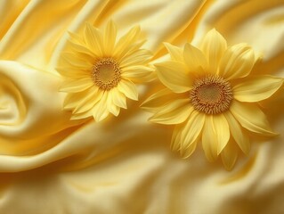 Poster - Two vibrant yellow sunflowers on a soft yellow satin background.
