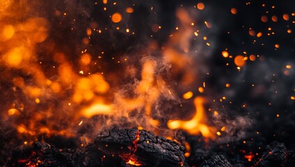 Wall Mural - Fiery embers glowing with orange flames, smoke and sparks.