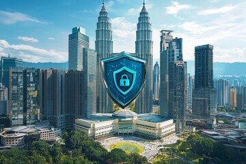 Poster - A hologram of a padlock on a road billboard provides a panoramic cityscape view of Kuala Lumpur during daytime, emphasizing security for businesses in Malaysia, Asia. This illustration represents the