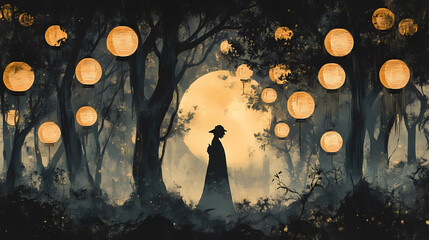 Wall Mural - A shadowy figure standing in a misty forest, lit by the faint glow of lanterns and the full moon. Wraithlike. Illustration