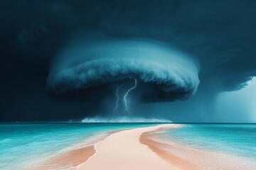 Wall Mural - A tropical storm approaching an island, with dramatic skies and waves rolling onto the beach