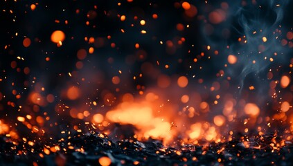 Wall Mural - Embers glowing, sparks flying, smoke rising from fire at night.