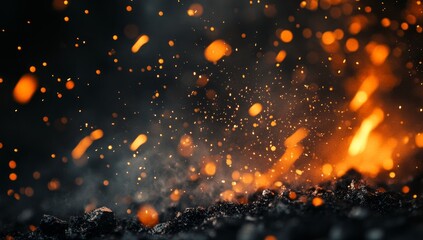 Wall Mural - Embers glowing with sparks and smoke on dark background.