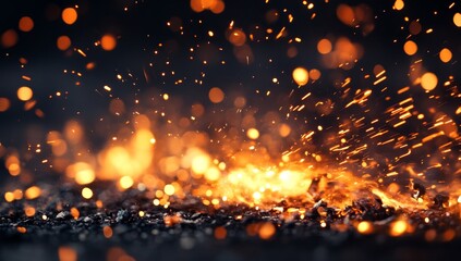 Wall Mural - Fiery embers and sparks flying from a bonfire at night.