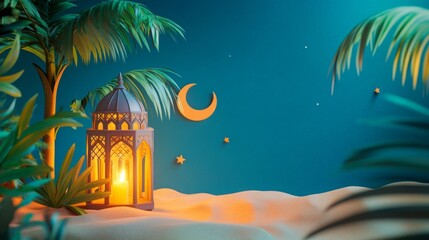 Poster - A serene night scene featuring a glowing lantern, crescent moon, and tropical plants against a vibrant blue backdrop.