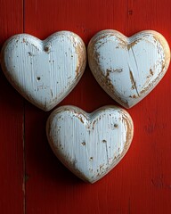 Poster - tree wooden natural hearts on a bright red background with ample space for text. perfect for sharing