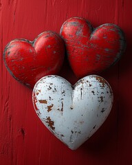 Poster - wooden, natural hearts arranged at the center of a bright red background evoke the valentine’s day a