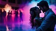 © DKPhoto - A captivating romantic moment captured between two lovers dancing closely, surrounded by vibrant and colorful lights enhancing the emotional ambience of the scene.