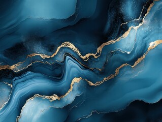 Poster - Abstract blue and gold fluid art with swirling patterns and textures.