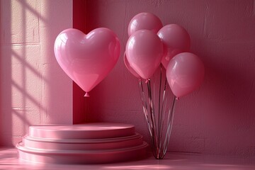 Poster - a happy valentine's day decoration featuring an empty podium adorned with a heart-shaped balloon and