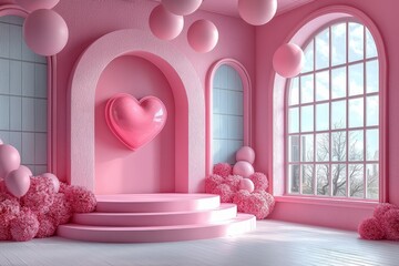 Poster - Deck out your Valentine's Day space with an empty podium featuring a heart-shaped balloon and a gift box