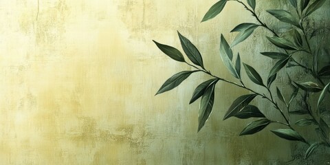 Poster - A serene background featuring a textured yellow wall with green leaves.
