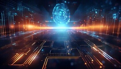 Poster - A futuristic digital landscape featuring glowing circuits and a central orb, creating a sense of advanced technology and virtual reality.