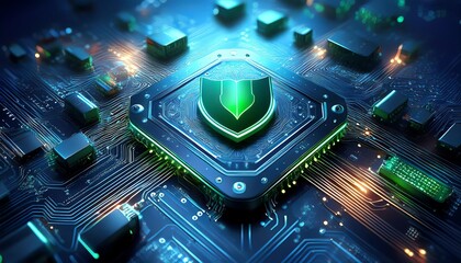 Poster - A vibrant, futuristic image showcasing a microchip with a green shield, symbolizing technology, security, and digital innovation.