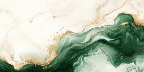 Poster - Abstract fluid art with green, gold, and cream swirls, creating an elegant design.