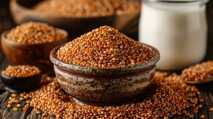 Wall Mural - Bowl of red millet grains with milk in background.