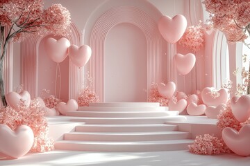 Poster - valentine's day offer: a 3d illustration featuring an empty display space on a pink podium with a he