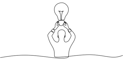 Wall Mural - Continuous one line drawing of a person holding a light bulb, representing inspiration and creativity.